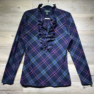 Ralph Lauren Jeans Co LRL Shirt Size M Ruffled Neck Plaid Navy Blue Jersey Y2K